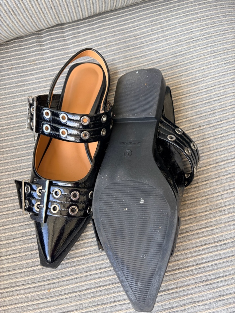 Black Patent Pointed-Toe Slingback Flats with Buckle Detail